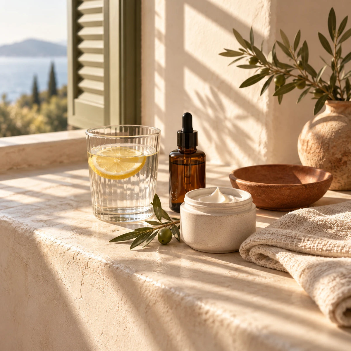 Morning ritual still life: lemon water, serum and cream on a sunlit Mediterranean windowsill