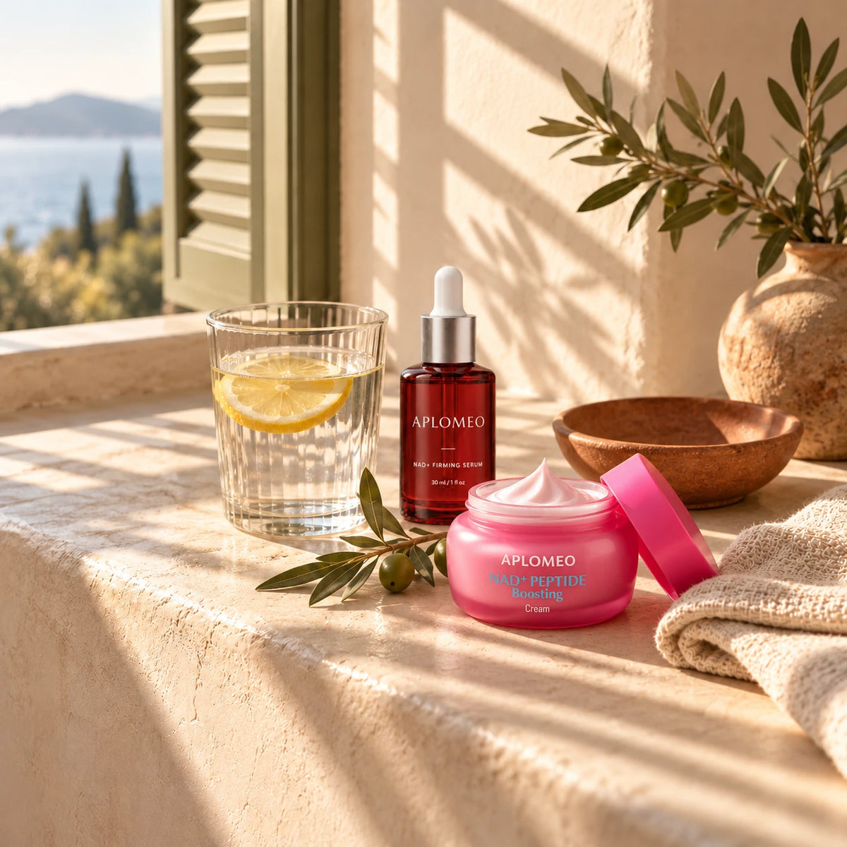 Aplomeo NAD+ Firming Serum and NAD+ Peptide Cream on a sunlit windowsill